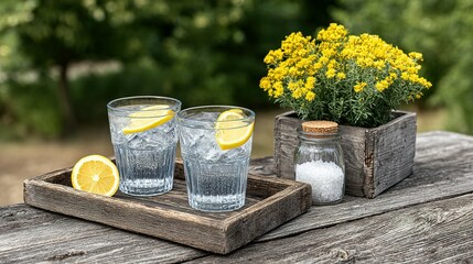Refreshing drinks with lemon slices on a rustic wooden tray.