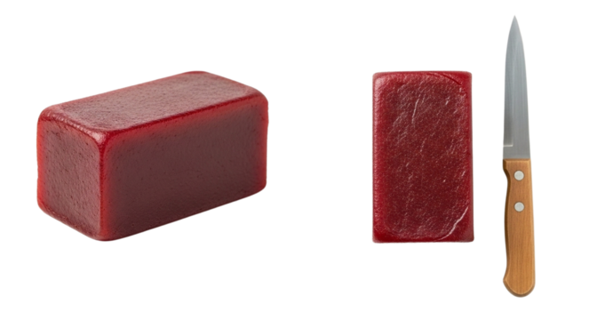 Quince paste membrillo recipe spanish dessert with knife for slicing traditional food on transparent background