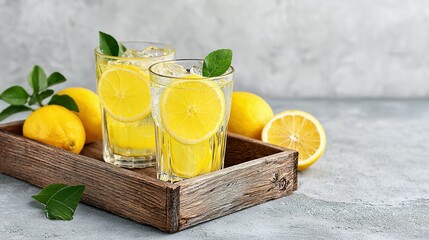 Refreshing lemonade in glasses on a wooden tray.
