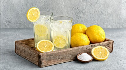 Fresh lemonade in glasses with lemons on a wooden tray.