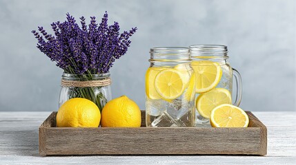 Refreshing lavender lemonade in mason jars on a wooden tray.