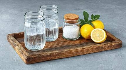 Two mason jars of water, salt, and lemons on a wooden tray.