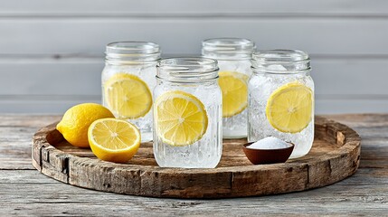 Refreshing lemonade in mason jars on a rustic tray.