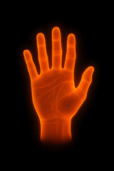 Obraz premium A glowing orange holographic hand on a black background.
