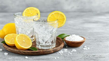 Refreshing lemonade beverage in glasses with ice and lemon slices.