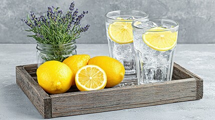 Freshly squeezed lemon slices and lavender sprigs on a rustic tray with glasses of iced lemon water.