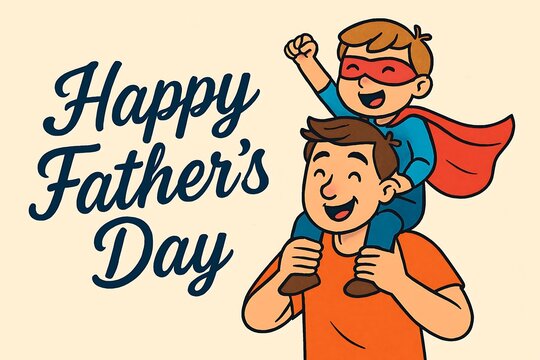 Happy father's day illustration: dad and son superhero vector graphic for greeting cards and social media posts