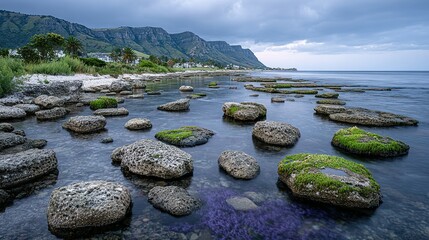 Rocky shoreline with clear water and a mountain backdrop.