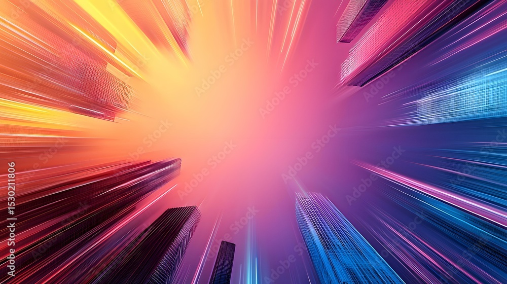 Aufkleber the image shows a low-angle, dynamic view of skyscrapers against a vibrant, multicolored sky with st