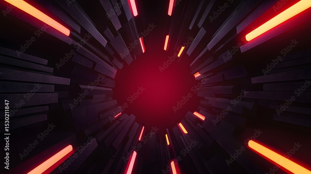 Poster the image shows a dark, abstract tunnel-like structure composed of many dark-colored rectangular blo