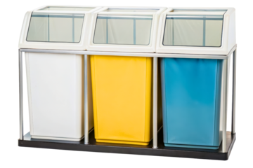 Three-bin recycling station for efficient waste separation isolated with transparent background