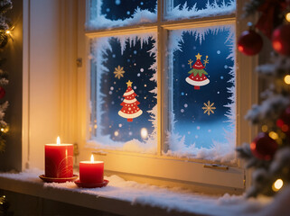 A snow-covered window features festive Christmas tree and snowflake decals. Two lit red candles sit on the windowsill, creating a warm, cozy holiday atmosphere.