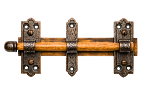 Rustic wooden door latch with metal accents isolated with transparent background