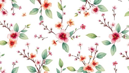 Delicate watercolor spring floral bouquet seamless pattern, branches & leaves on white,  floral pattern,  leaves