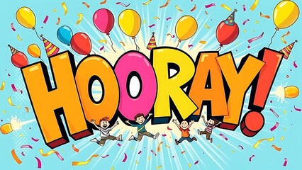 Vibrant "Hooray!" Celebration Scene with Jumping People, Balloons, and Confetti, Perfect for Expressing Joy, Success, and Excitement
