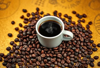 Naklejka premium Dark roasted coffee beans scattered around a steaming cup of coffee on a gold and black background, drink, rich