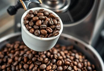  Dark roasted coffee beans cupped above modern roaster,   factory,   roasted © DITSARAPHAN