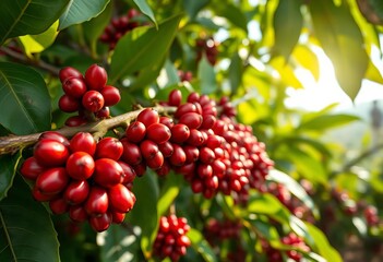 Fototapeta premium Crimson coffee berries ripen on lush green branches, a Brazilian plantation bathed in sunlight, rural, beverage