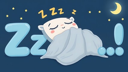 Cute Cartoon Character Sleeping Peacefully Under a Blanket with "Zzz" Letters and Stars, Symbolizing Sweet Dreams and Restful Sleep