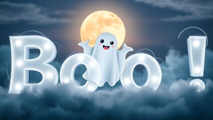 Cute Cartoon Ghost Emerging from Clouds with Glowing "Boo!" Text Under a Full Moon – Perfect for Halloween and Spooky Themes