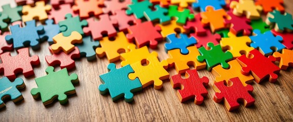 Colorful wooden puzzle pieces arranged on a table,   happy,   intelligence