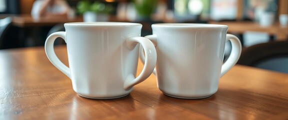 Close-up of two white mugs clinking, wooden cafe table,  hot,  calm