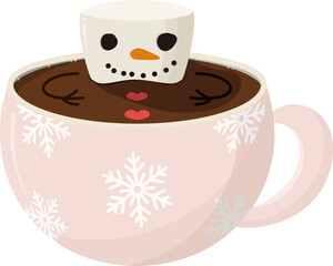 Cute Half-Submerged Marshmallow Snowman in Cocoa Mug with Snowflakes

