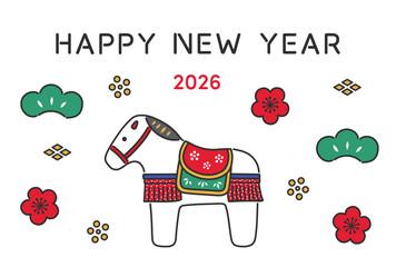 2026年　午年の年賀状イラストデザイン　張り子の馬