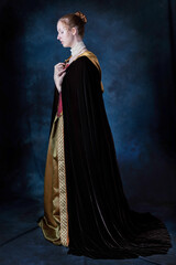 A red-haired Renaissance woman wearing an embroidered silk ensemble against a studio backdrop