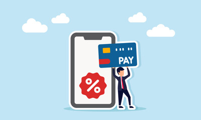 Businessman holding and lifting credit or debit card near smartphone displaying percent icon illustration of promo strategy in business product payment