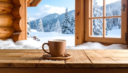 Coffee cup on wooden table with winter view.