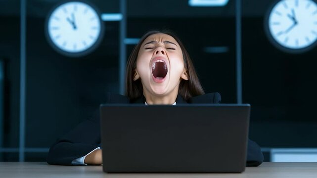 Tired Businesswoman Yawning at her Laptop