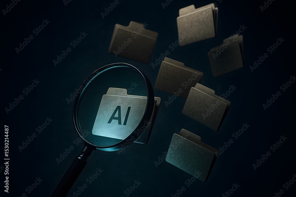 Poster ai file search concept. a magnifying glass focuses on a folder labeled 