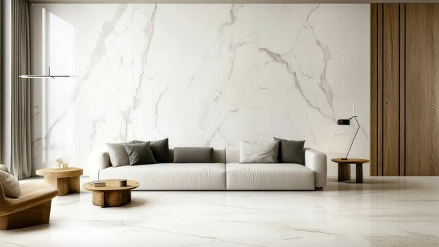 Modern minimalist living room with marble walls and floor, captured from a wide-angle view, ideal for a home decor video showcase.