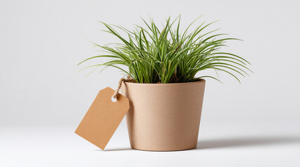 Fototapeta premium Biodegradable Brown Flower Pot with Green Plant and Eco Tag. Biodegradable Eco Brown Flower Pot with Green Plant