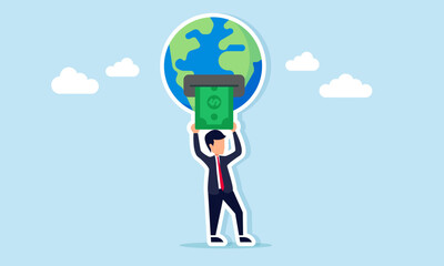 Businessman withdrawing money from Earth shaped like an ATM illustration of business exploiting natural resources of the planet