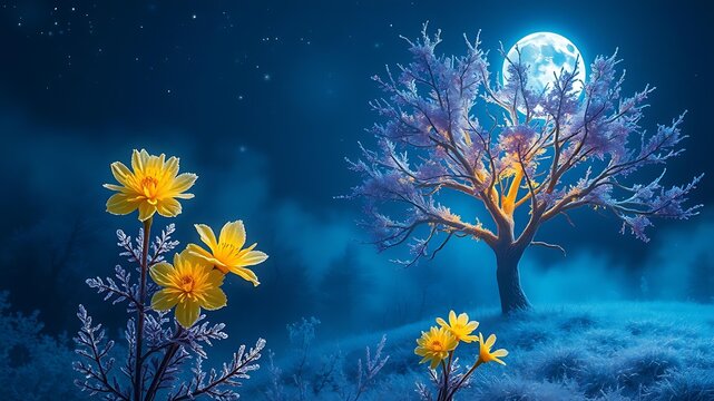 Moonlit Winter Tree - Frosty Night with Yellow Flowers 4K