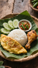 A traditional Indonesian meal is beautifully served on a banana leaf-lined plate, featuring steamed white rice, a golden omelette, crispy fried chicken drumstick, and a small bowl of spicy sambal