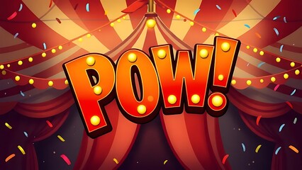 Circus Tent Stage with "POW!" Text and Confetti, Symbolizing a Game Win, Celebration, or Exciting Announcement