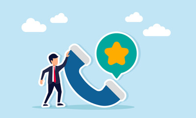 Businessman near telephone receiver with chat dialog showing star icon illustration of suggestions for improving business quality standards