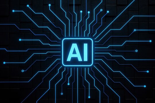 Central Artificial Intelligence (AI) Core with Blue Glowing Circuitry on a Textured Dark Background, Illustrating Advanced Technology and Machine Learning