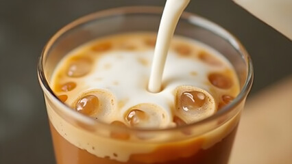 Macro detail of milk being poured into iced coffee with swirling cloud effect
