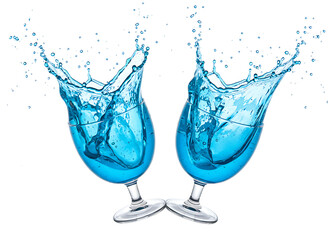 Two blue martini cocktails splashing isolated on transparent background