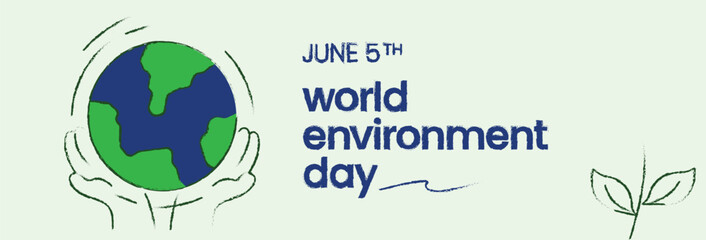 World Environment Day banner with hand-drawn Earth illustration and eco-friendly elements in doodle style. Perfect for sustainability campaigns, environmental awareness, and green lifestyle promotion.