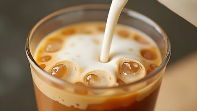 Macro detail of milk being poured into iced coffee with swirling cloud effect