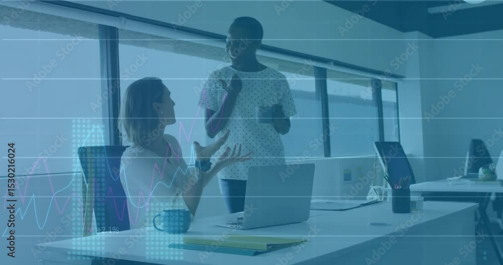 Poster one coworker gesturing at laptop while other listening as business data charts animating on desk