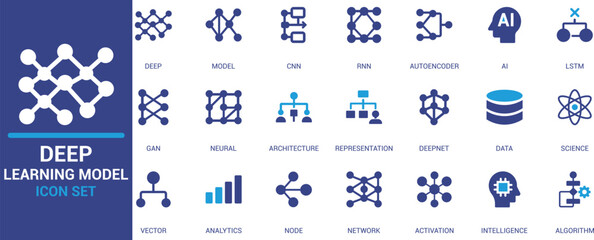 Flat style deep learning and AI model icons including neural networks, CNN, RNN, GAN, algorithm, data science, and analytics. Perfect for tech, research, and innovation themes.




