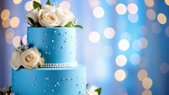 Celebration two-tiered cake with light blue frosting, small white dots and cream-colored roses arrangement against blurred festive background.