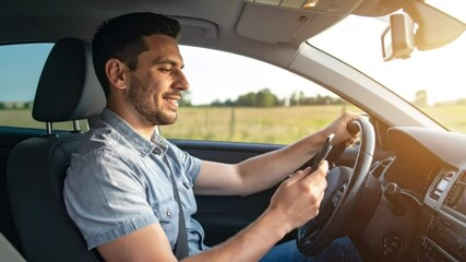The Danger of Distracted Driving: A Young Man Texting While Driving a Car