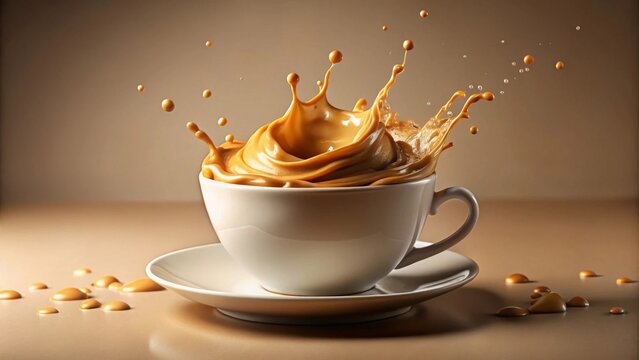 Dynamic coffee splash in a pristine cup, showcasing the swirling motion and rich brown hue, creating an enticing visual of caffeinated refreshment